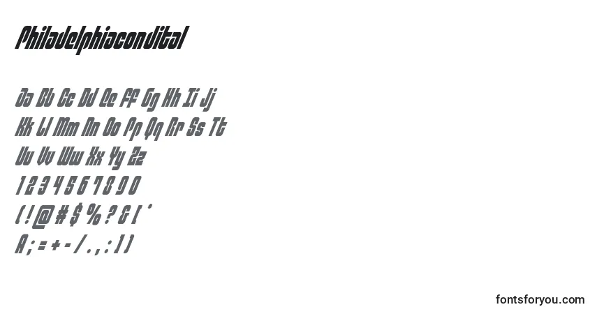 Шрифт Philadelphiacondital – алфавит, цифры, специальные символы