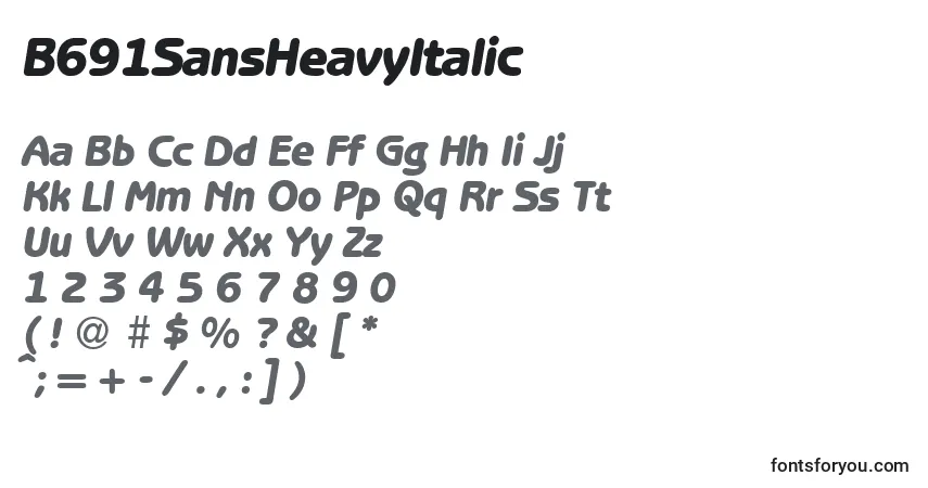 Czcionka B691SansHeavyItalic – alfabet, cyfry, specjalne znaki