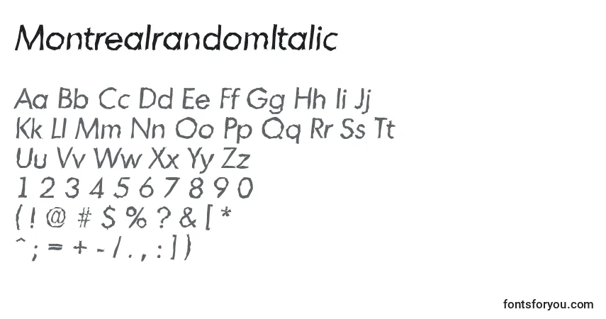 Czcionka MontrealrandomItalic – alfabet, cyfry, specjalne znaki