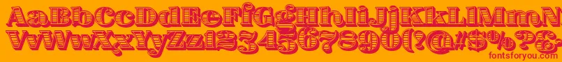 FatFlamingo5WoodcutInner-Schriftart – Rote Schriften auf orangefarbenem Hintergrund