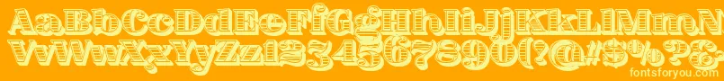 FatFlamingo5WoodcutInner-Schriftart – Gelbe Schriften auf orangefarbenem Hintergrund