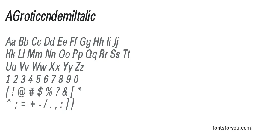 Schriftart AGroticcndemiItalic – Alphabet, Zahlen, spezielle Symbole