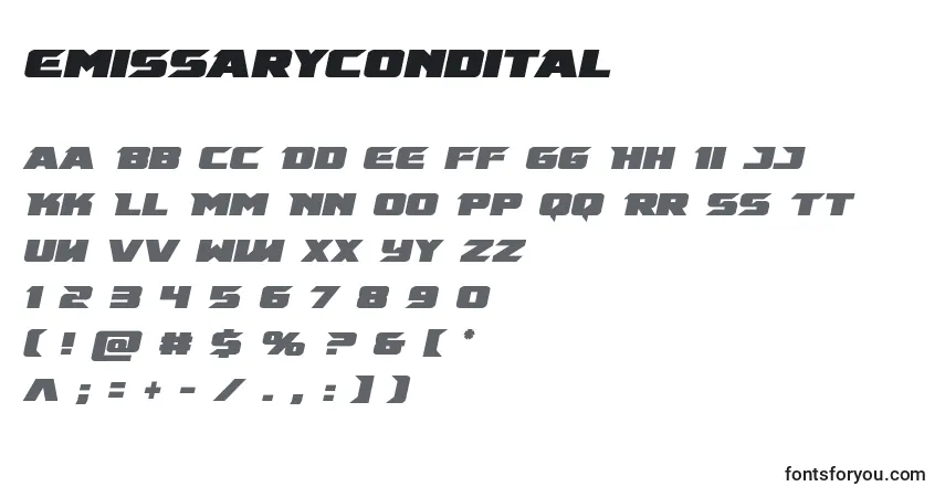 A fonte Emissarycondital – alfabeto, números, caracteres especiais
