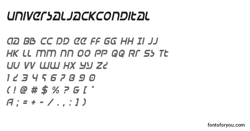 Schriftart Universaljackcondital – Alphabet, Zahlen, spezielle Symbole