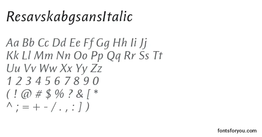 Schriftart ResavskabgsansItalic – Alphabet, Zahlen, spezielle Symbole