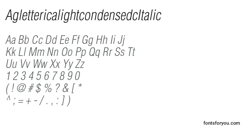 Schriftart AglettericalightcondensedcItalic – Alphabet, Zahlen, spezielle Symbole