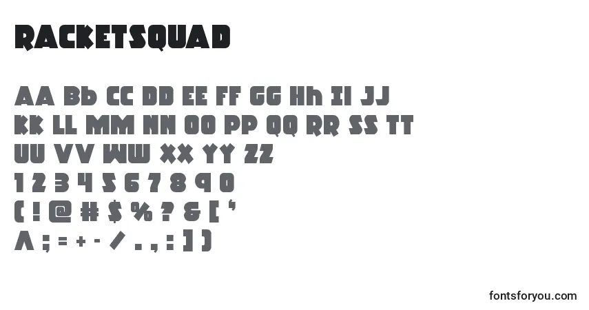 Czcionka Racketsquad – alfabet, cyfry, specjalne znaki