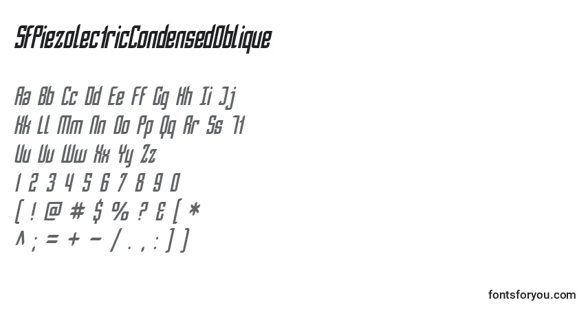 A fonte SfPiezolectricCondensedOblique – alfabeto, números, caracteres especiais