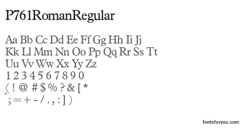 Czcionka P761RomanRegular – alfabet, cyfry, specjalne znaki