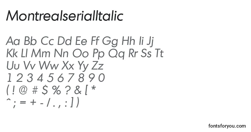 A fonte MontrealserialItalic – alfabeto, números, caracteres especiais