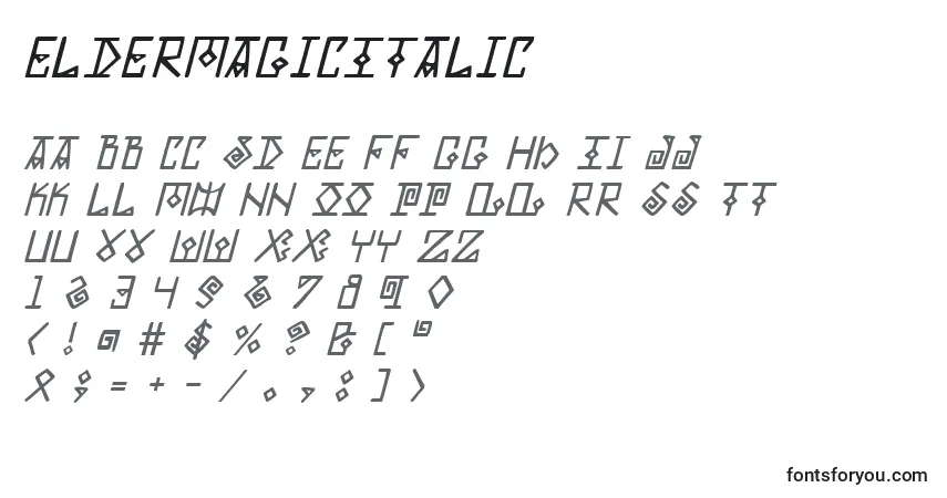 Schriftart ElderMagicItalic – Alphabet, Zahlen, spezielle Symbole