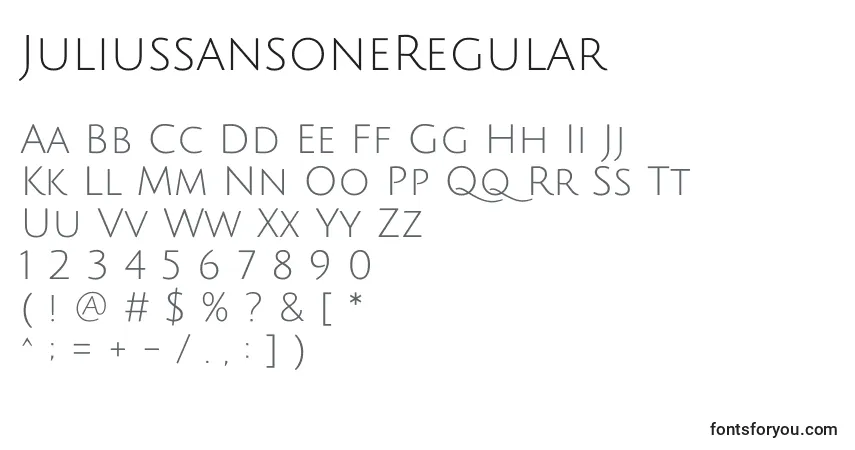 A fonte JuliussansoneRegular – alfabeto, números, caracteres especiais