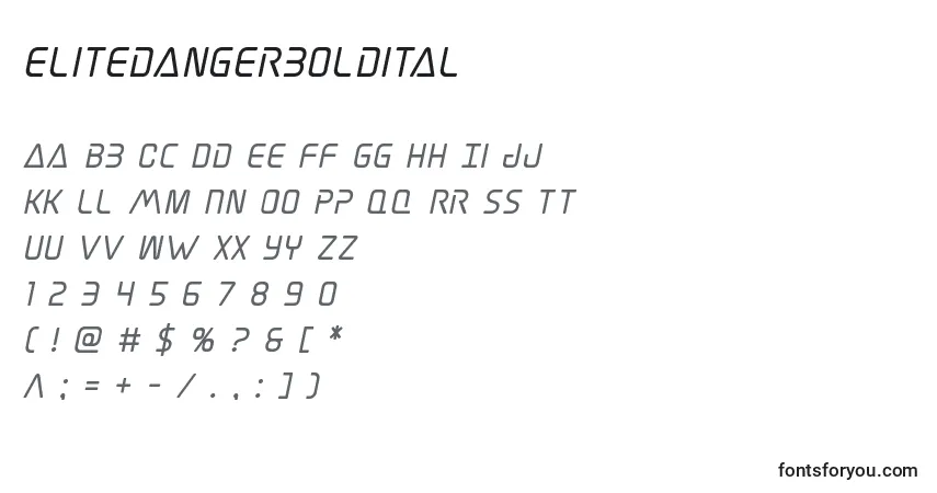 Czcionka Elitedangerboldital – alfabet, cyfry, specjalne znaki