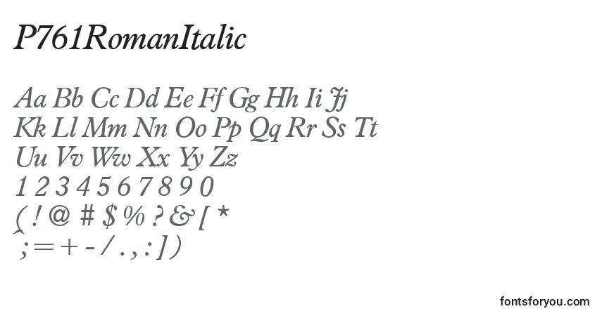 Czcionka P761RomanItalic – alfabet, cyfry, specjalne znaki