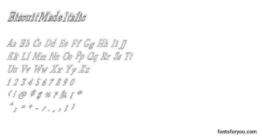 Czcionka BiscuitMadeItalic – alfabet, cyfry, specjalne znaki