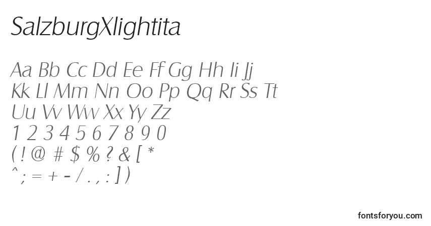 Czcionka SalzburgXlightita – alfabet, cyfry, specjalne znaki