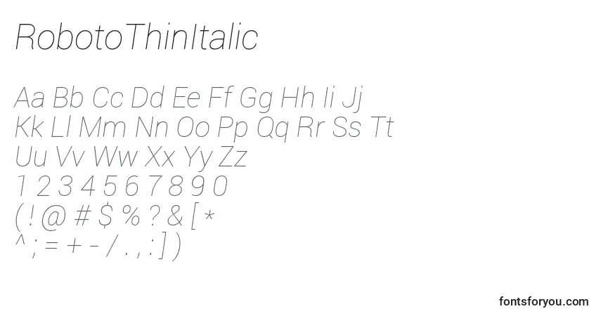 Schriftart RobotoThinItalic – Alphabet, Zahlen, spezielle Symbole