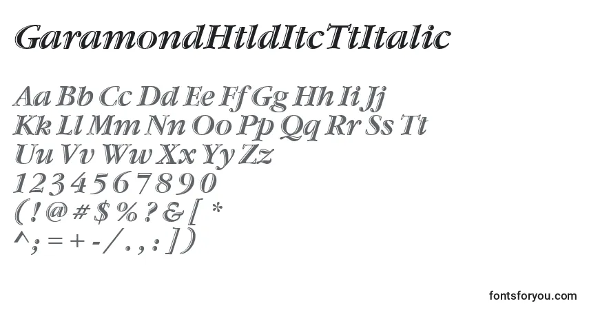 A fonte GaramondHtldItcTtItalic – alfabeto, números, caracteres especiais