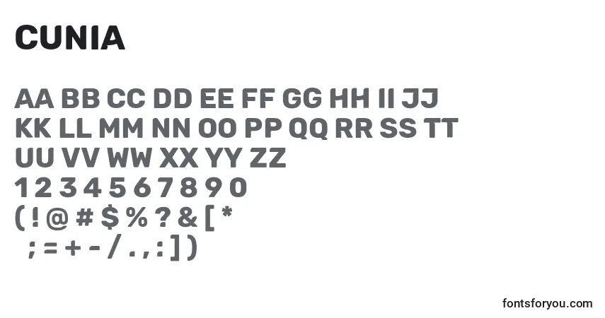 A fonte Cunia – alfabeto, números, caracteres especiais