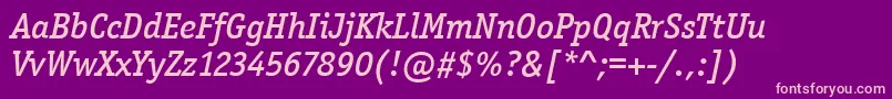 Fonte OfficinaSerItcMediumItalic – fontes rosa em um fundo violeta