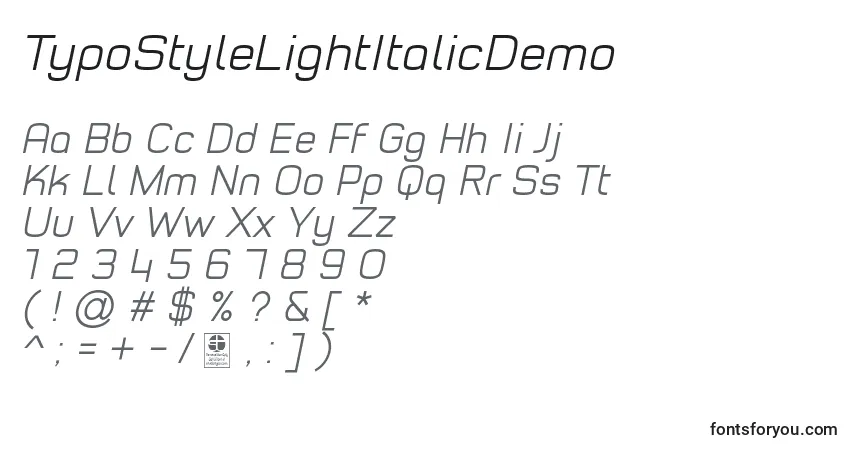Шрифт TypoStyleLightItalicDemo – алфавит, цифры, специальные символы