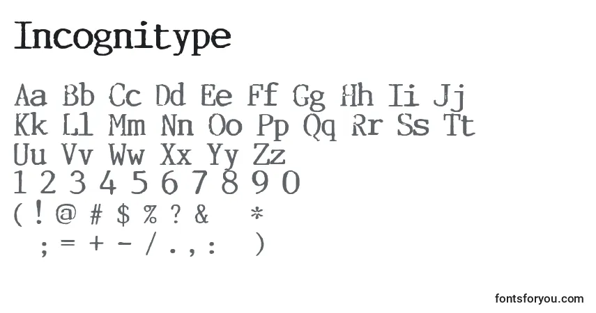Schriftart Incognitype – Alphabet, Zahlen, spezielle Symbole
