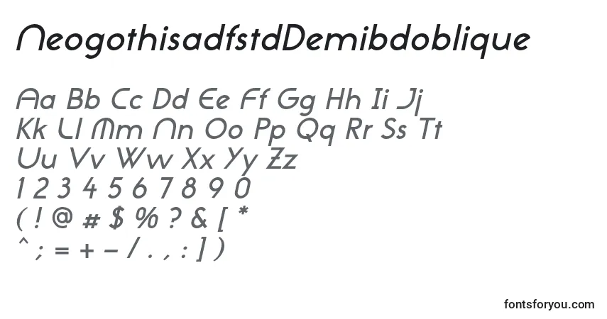 A fonte NeogothisadfstdDemibdoblique – alfabeto, números, caracteres especiais
