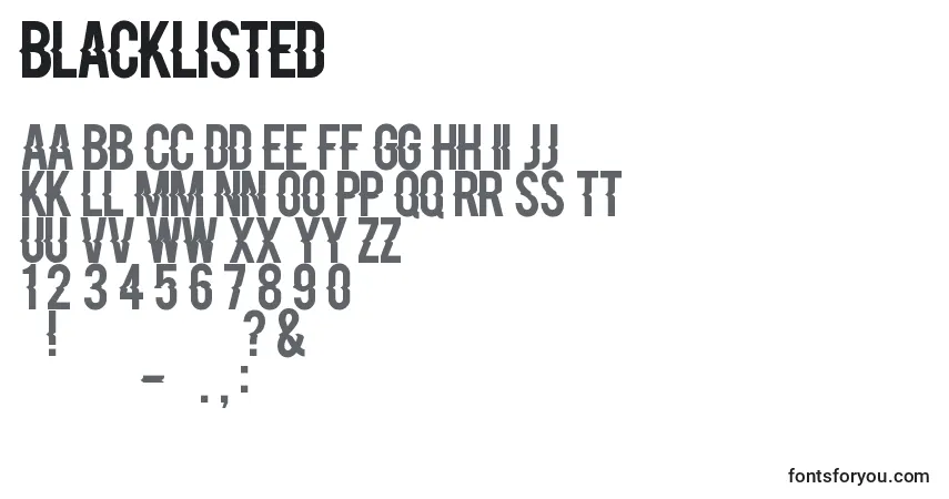 Czcionka Blacklisted – alfabet, cyfry, specjalne znaki