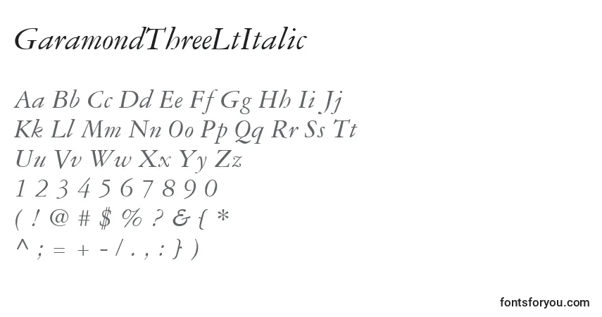 GaramondThreeLtItalic-fontti – aakkoset, numerot, erikoismerkit