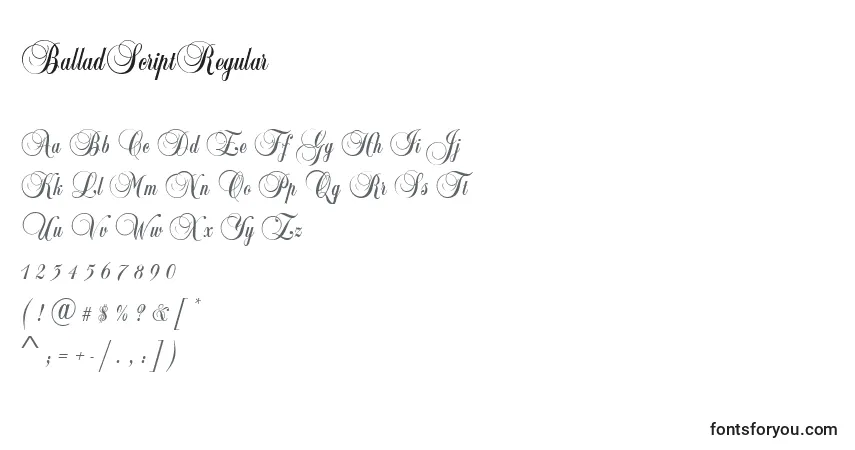 Czcionka BalladScriptRegular – alfabet, cyfry, specjalne znaki