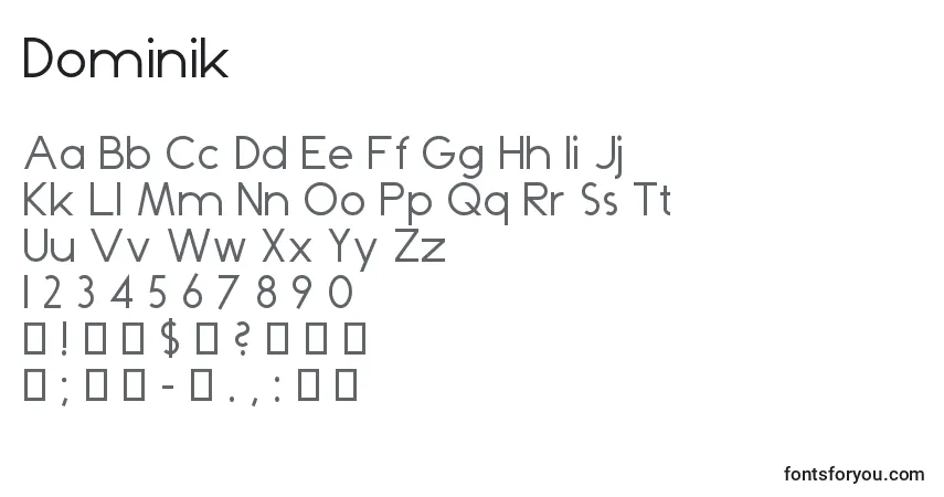 A fonte Dominik – alfabeto, números, caracteres especiais