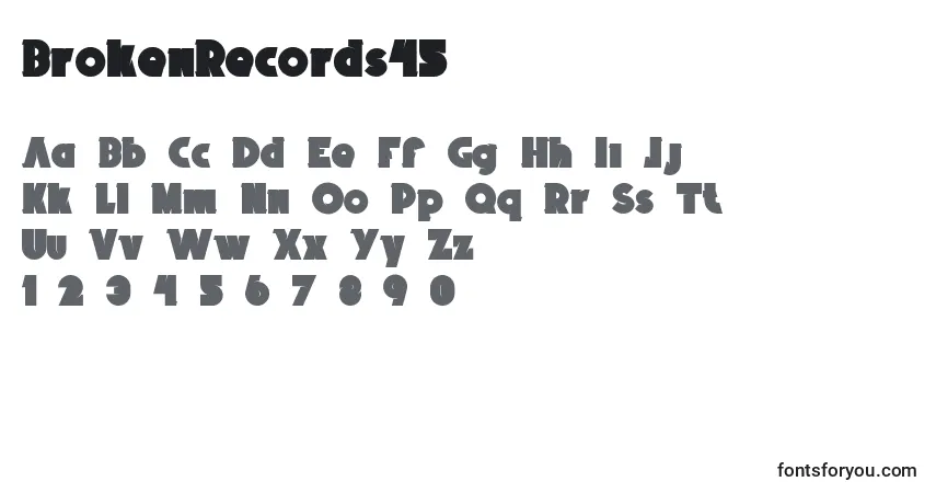 BrokenRecords45-fontti – aakkoset, numerot, erikoismerkit