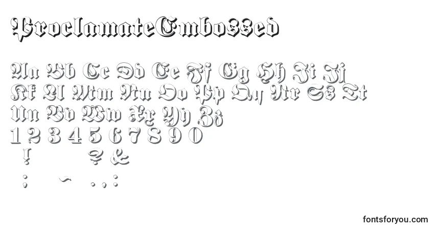 Czcionka ProclamateEmbossed – alfabet, cyfry, specjalne znaki