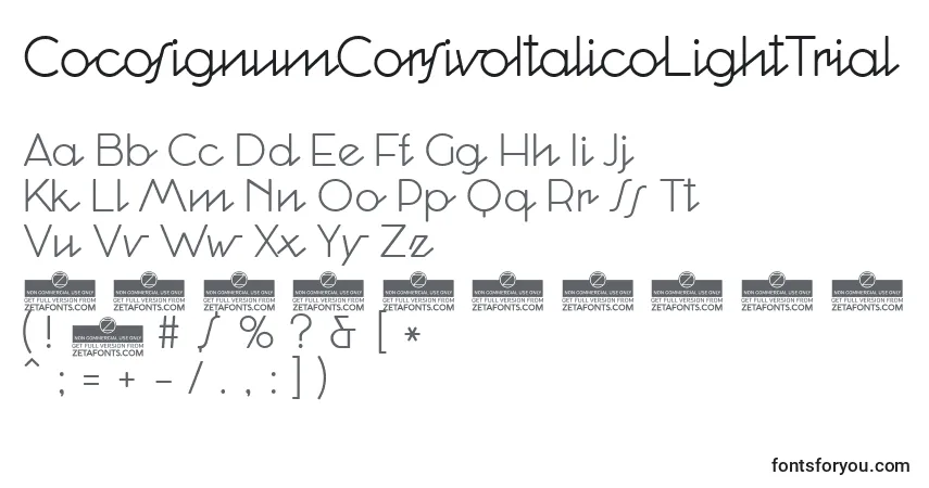 A fonte CocosignumCorsivoItalicoLightTrial – alfabeto, números, caracteres especiais