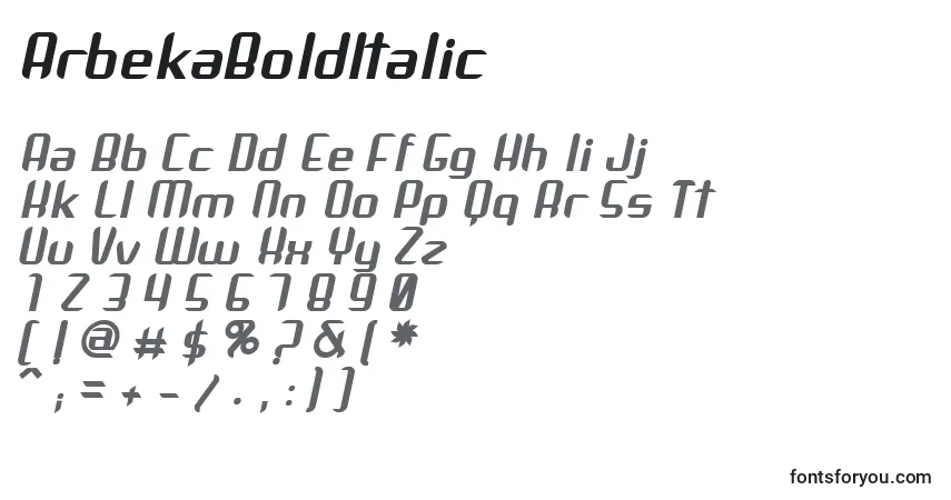 A fonte ArbekaBoldItalic – alfabeto, números, caracteres especiais