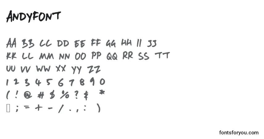 Czcionka Andyfont – alfabet, cyfry, specjalne znaki
