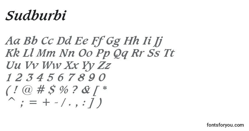 Schriftart Sudburbi – Alphabet, Zahlen, spezielle Symbole