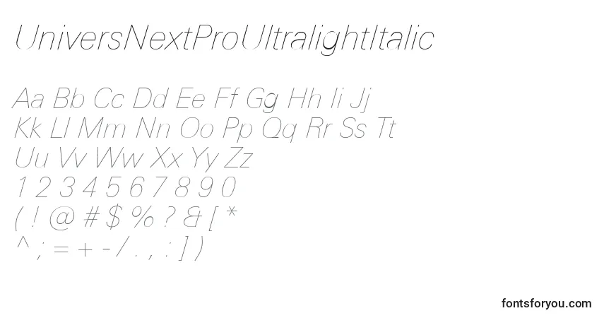 Schriftart UniversNextProUltralightItalic – Alphabet, Zahlen, spezielle Symbole