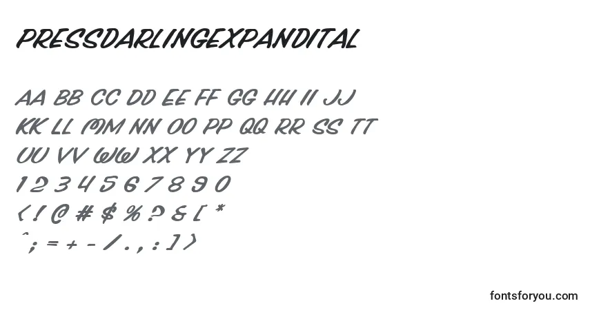 Schriftart Pressdarlingexpandital – Alphabet, Zahlen, spezielle Symbole