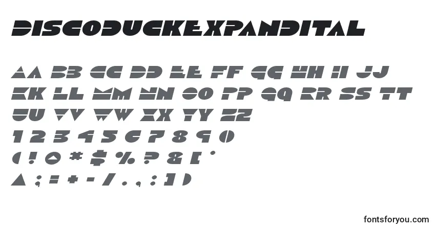 Шрифт Discoduckexpandital – алфавит, цифры, специальные символы