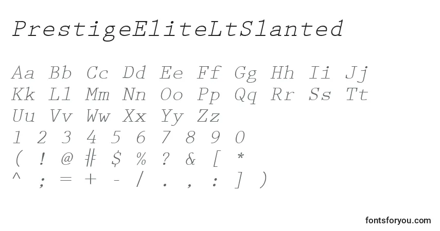 Czcionka PrestigeEliteLtSlanted – alfabet, cyfry, specjalne znaki
