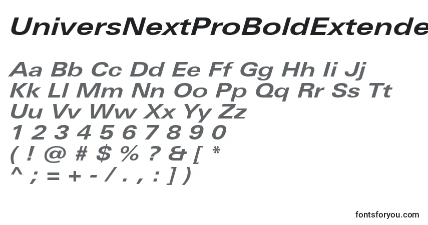 Schriftart UniversNextProBoldExtendedItalic – Alphabet, Zahlen, spezielle Symbole