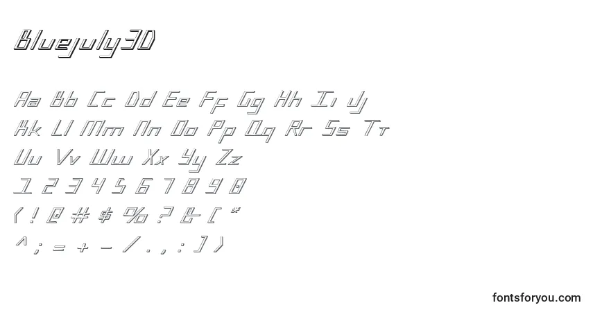 Czcionka Bluejuly3D – alfabet, cyfry, specjalne znaki