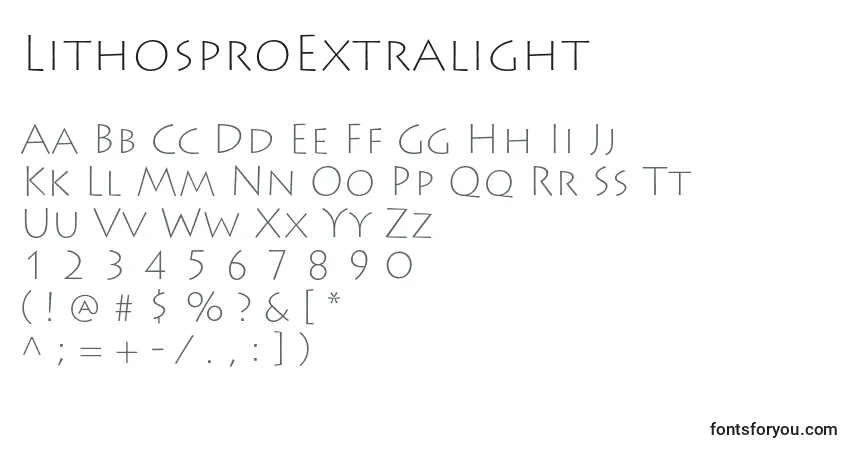 A fonte LithosproExtralight – alfabeto, números, caracteres especiais