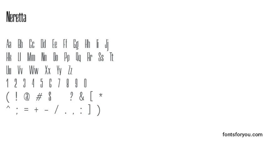 Czcionka Neretta – alfabet, cyfry, specjalne znaki