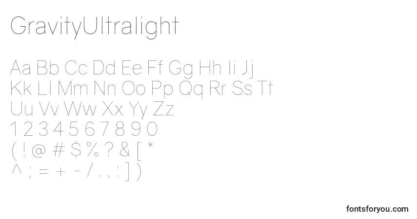 A fonte GravityUltralight – alfabeto, números, caracteres especiais