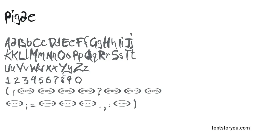 Czcionka Pigae – alfabet, cyfry, specjalne znaki