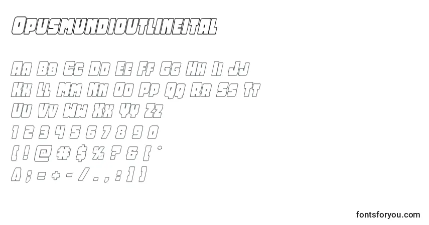 Шрифт Opusmundioutlineital – алфавит, цифры, специальные символы