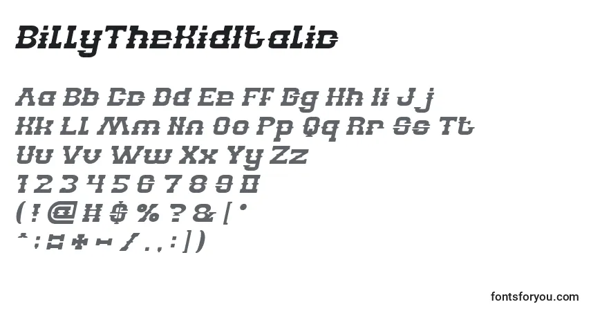 Шрифт BillyTheKidItalic – алфавит, цифры, специальные символы
