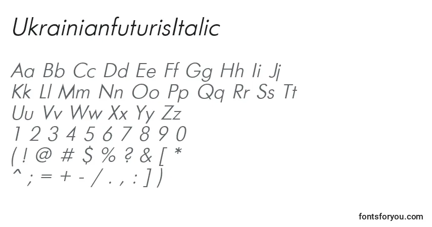 A fonte UkrainianfuturisItalic – alfabeto, números, caracteres especiais